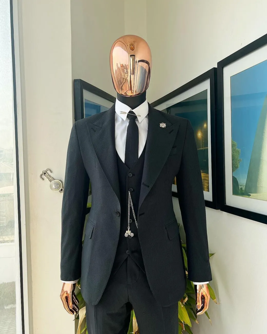 A Steel Black, Seer Sucker Fabric, Knitted, Peak Lapel Suit