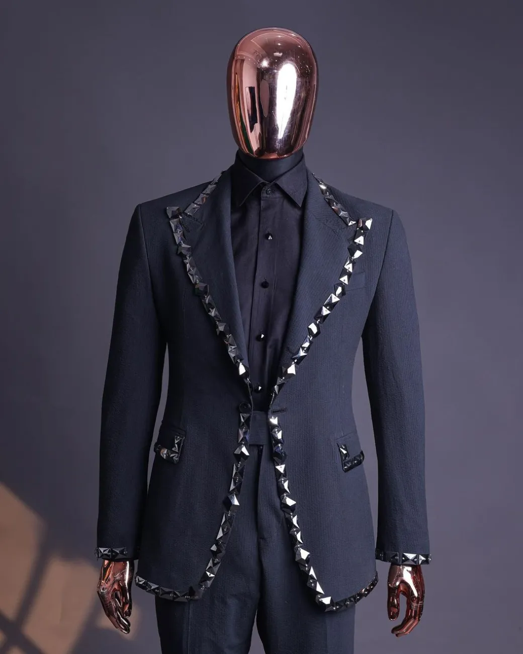 A Steel Black, Seer Sucker Fabric, Knitted, Peak Lapel Suit