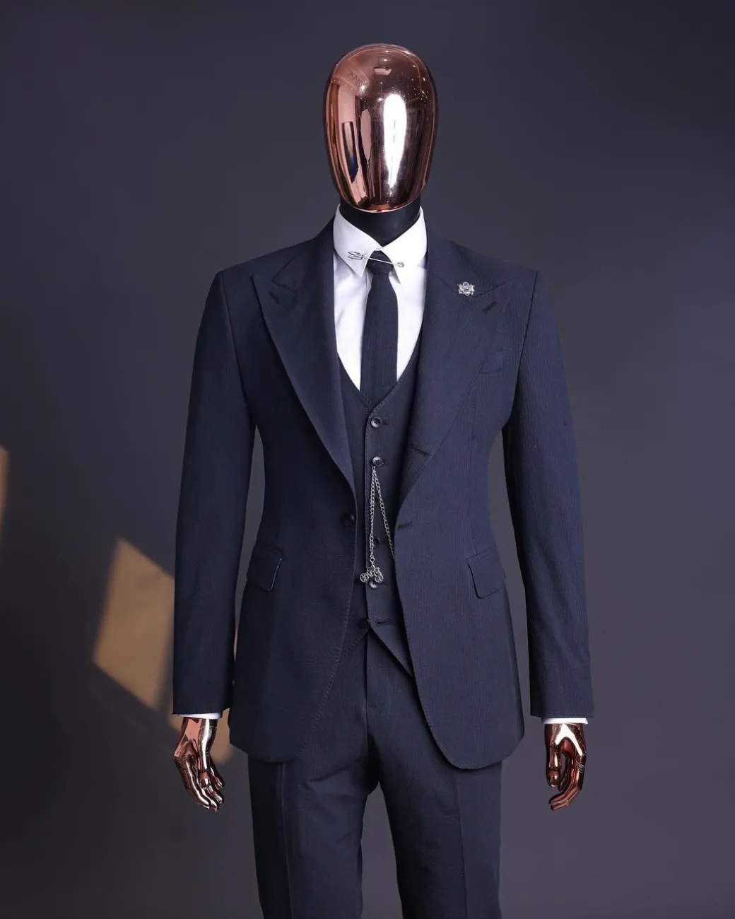 A Steel Black, Seer Sucker Fabric, Knitted, Peak Lapel Suit