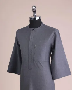 A Steel Grey, Front Flap With Black Swarovski Button Detailing Kaftan