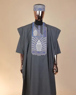 A Steel Grey, woven basket element metallic wire embroidery with matching Swarovski stone details agbada