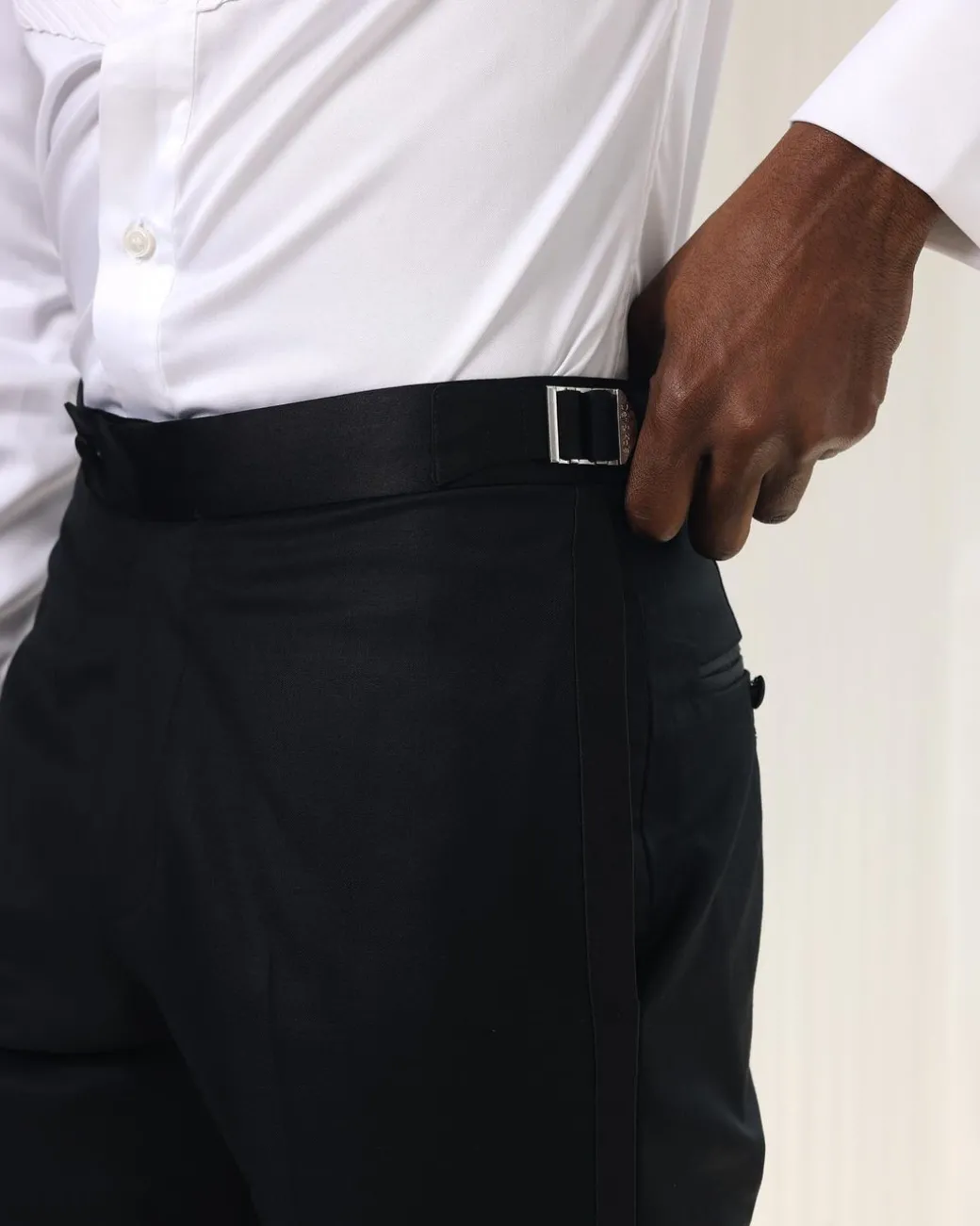 A Straight Cut, charcoal black, side metal adjuster and silk taping tuxedo pant