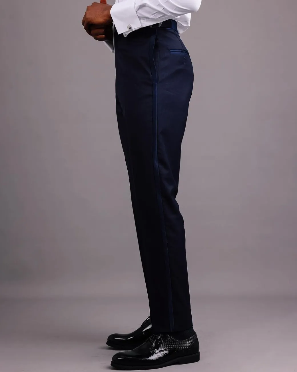 A Straight Cut, Navy Blue, Side Metal Adjuster And Silk Taping Tuxedo Pant