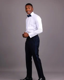 A Straight Cut, Navy Blue, Side Metal Adjuster And Silk Taping Tuxedo Pant