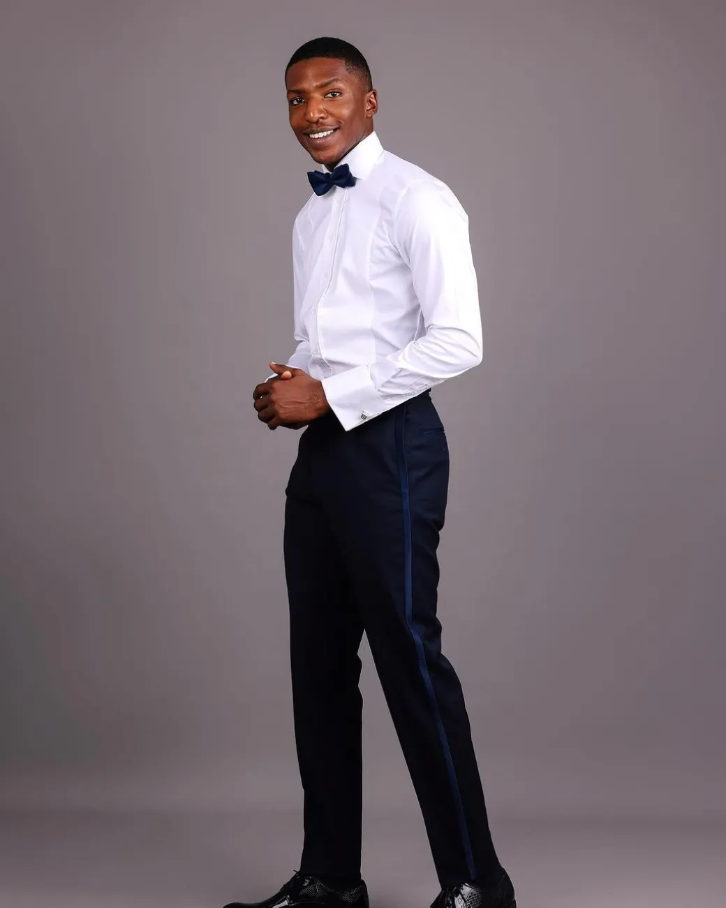 A Straight Cut, Navy Blue, Side Metal Adjuster And Silk Taping Tuxedo Pant