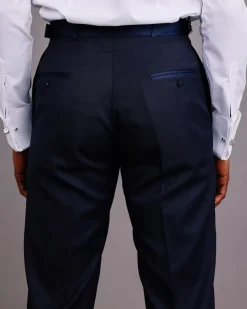 A Straight Cut, Navy Blue, Side Metal Adjuster And Silk Taping Tuxedo Pant