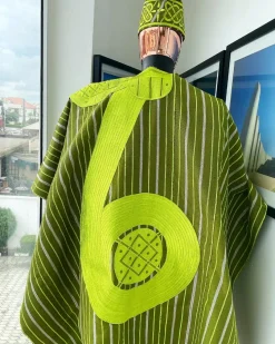 A Stripe Lemon Green And Olive Green, Aso Oke Regal Agbada