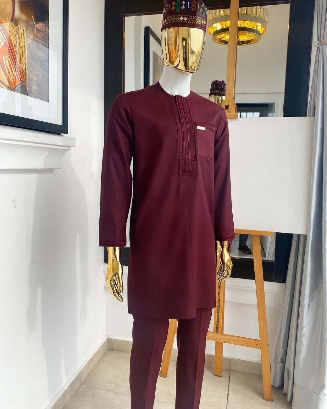 A “Suktan” rose wood burgundy, embroidery patch pocket and front flap, free suit hand sleeve details, African traditional senator native