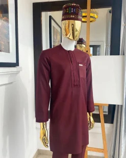 A “Suktan” rose wood burgundy, embroidery patch pocket and front flap, free suit hand sleeve details, African traditional senator native