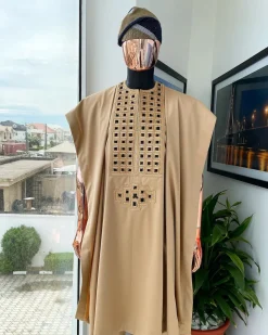 A Tan Brown, Connected Square Embroidery Design with Black Detailing Agbada