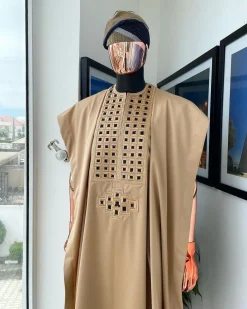 A Tan Brown, Connected Square Embroidery Design with Black Detailing Agbada