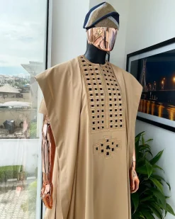 A Tan Brown, Connected Square Embroidery Design with Black Detailing Agbada