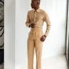 A Tan Brown, Vintage Club Collar Business Elastic Shirt.