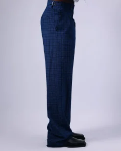 A Tattersall Check, Blue & Black, Extra Long Wide-Cut Pant Trouser.
