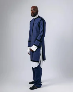A Tattersall Check, Blue & Black “Manthis” With Black Velvet Taping Kimono