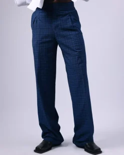 A Tattersall Check, Blue & Black, Extra Long Wide-Cut Pant Trouser.