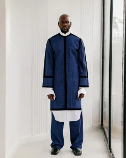 A Tattersall Check, Blue & Black “Manthis” With Black Velvet Taping Kimono