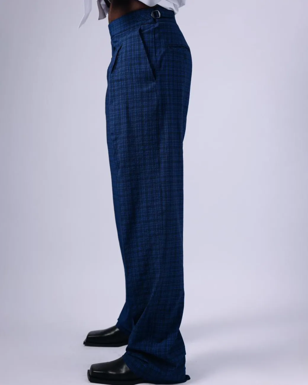 A Tattersall Check, Blue & Black, Extra Long Wide-Cut Pant Trouser.