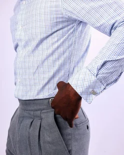 A Tattersall white, grey and light blue check, English spread collar business shirt