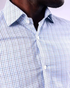 A Tattersall white, grey and light blue check, English spread collar business shirt