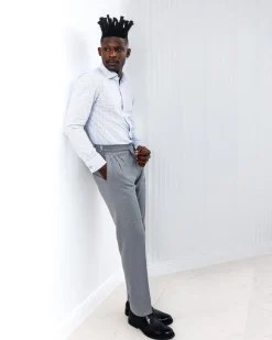 A Tattersall white, grey and light blue check, English spread collar business shirt