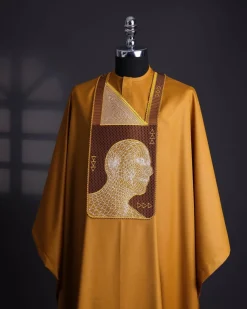 A Tawny brown, “Head Algorithm Mapping ” embroidery details agbada, 3/4 sleeve kaftan & sokoto