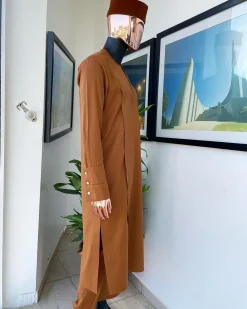 A Tawny Brown, Zip Line Flap, High Cuff Detailing African Senator Kaftan Native.