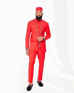 A Tomato Red African Safari Kaftan Native with a jacquard jacket
