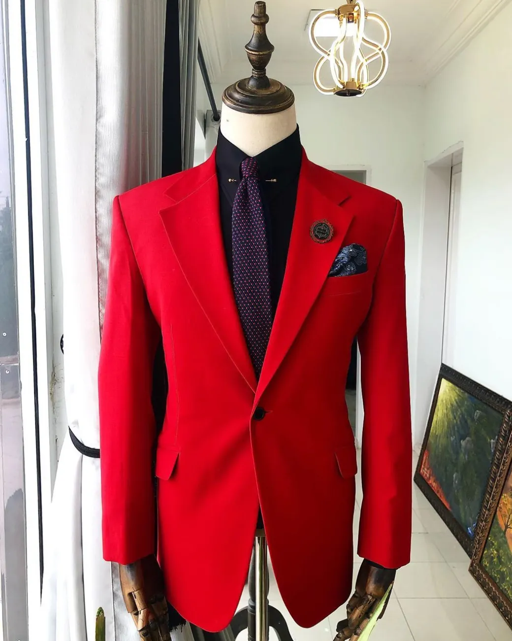 A Tomato Red “Battle Of Dahomey” Notch Lapel Trench Suit
