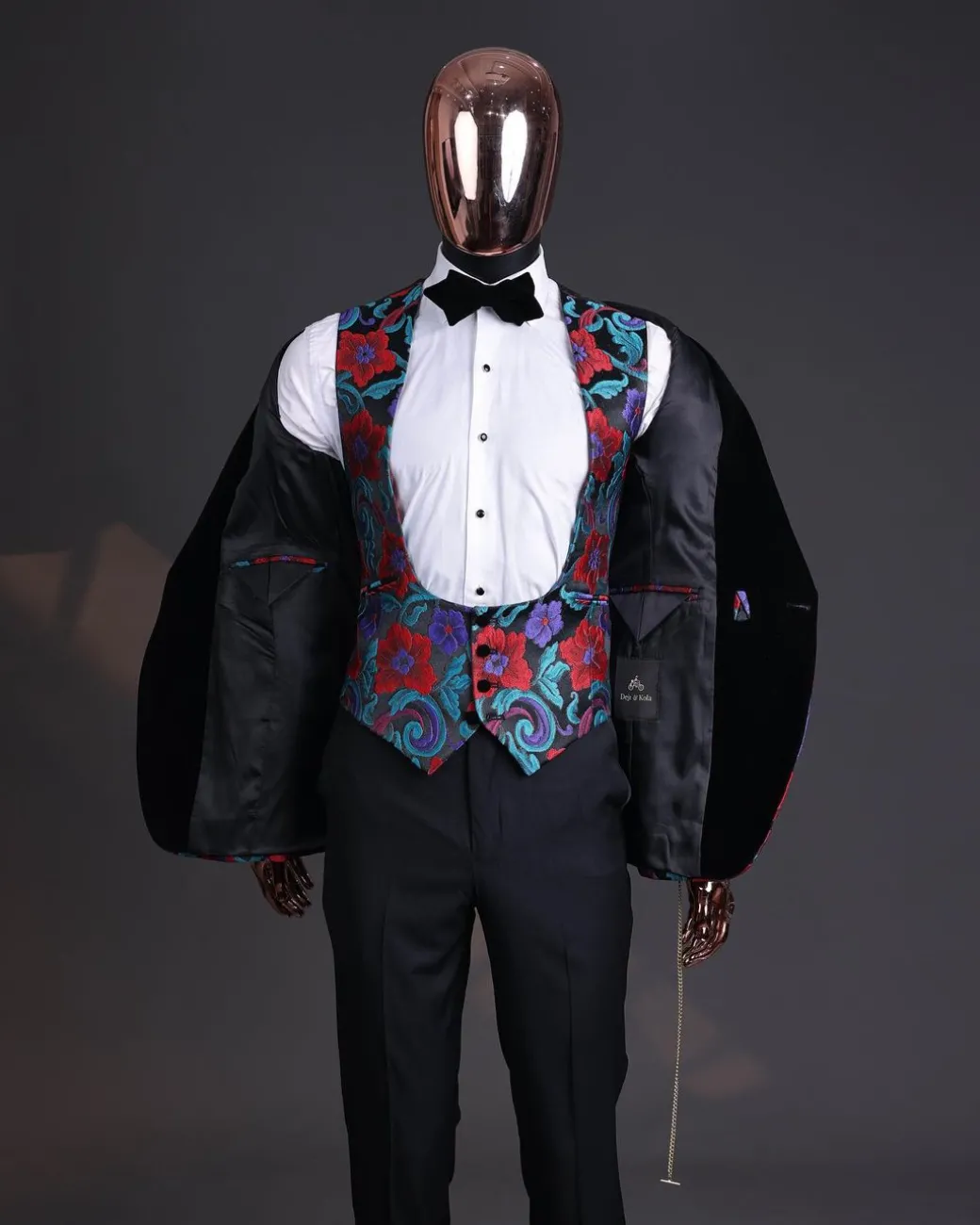 A Tomato Red,fern green, purple and black mix metallic jacquard, shawl lapel tuxedo suit