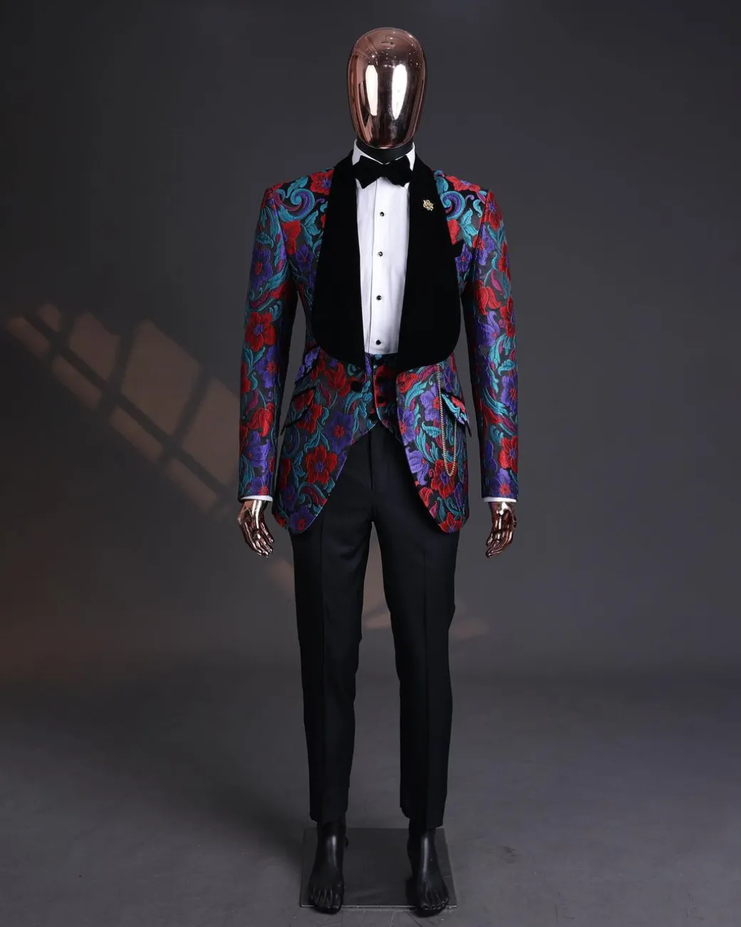 A Tomato Red,fern green, purple and black mix metallic jacquard, shawl lapel tuxedo suit