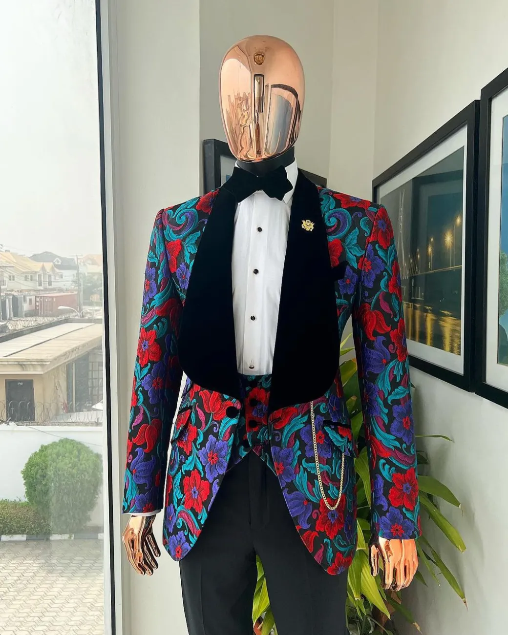 A Tomato Red,fern green, purple and black mix metallic jacquard, shawl lapel tuxedo suit