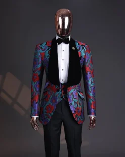 A Tomato Red,fern green, purple and black mix metallic jacquard, shawl lapel tuxedo suit