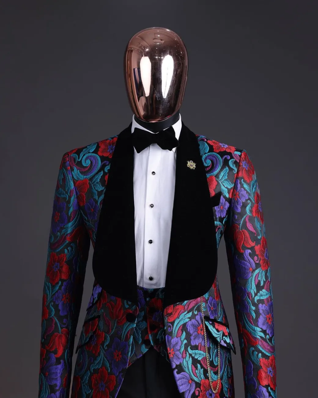 A Tomato Red,fern green, purple and black mix metallic jacquard, shawl lapel tuxedo suit