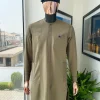 A Tortilla brown, black Swarovski button with purple paisley detailing with side patch pocket african traditional senator kaftan native.