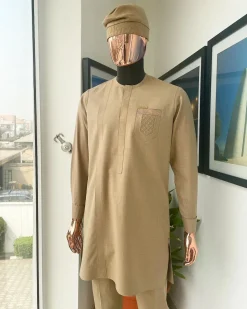 A tortilla brown, front flap, and ruffle pocket detail African traditional senator kaftan native