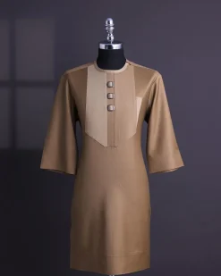 A Tortilla brown, invisible zip, black connected metal tag, 3/4 sleeve traditional african senator kaftan native.