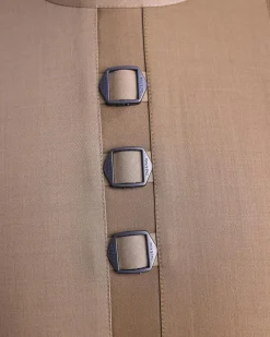A Tortilla brown, invisible zip, black connected metal tag, 3/4 sleeve traditional african senator kaftan native.
