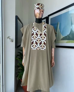 A Tortilla brown, layered tettri pattern embroidery detailing agbada