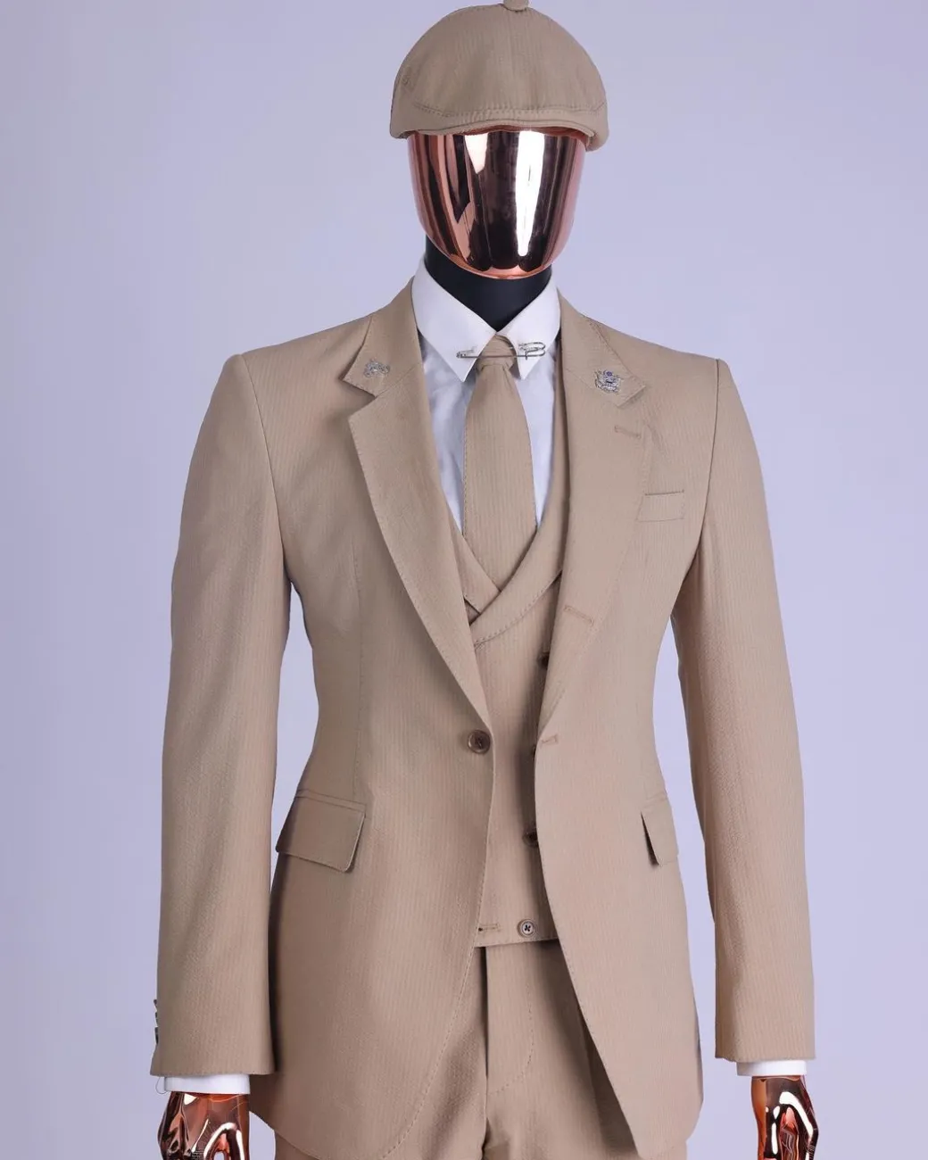 A Tortilla Brown “Peaky Blinders” Seer Sucker Fabric, Knitted, Notch Lapel Suit