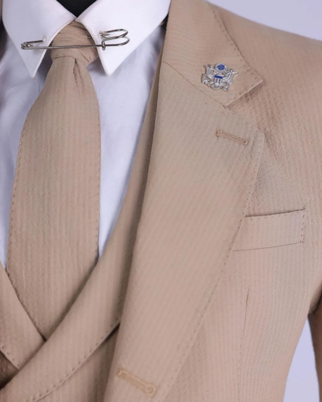 A Tortilla Brown “Peaky Blinders” Seer Sucker Fabric, Knitted, Notch Lapel Suit