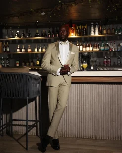 A Trout Grey, “Mixologist”, Knitted, Single Button, Peak Lapel, Double-Breasted Tuxedo Suit.