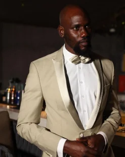 A Trout Grey, “Mixologist”, Knitted, Single Button, Peak Lapel, Double-Breasted Tuxedo Suit.