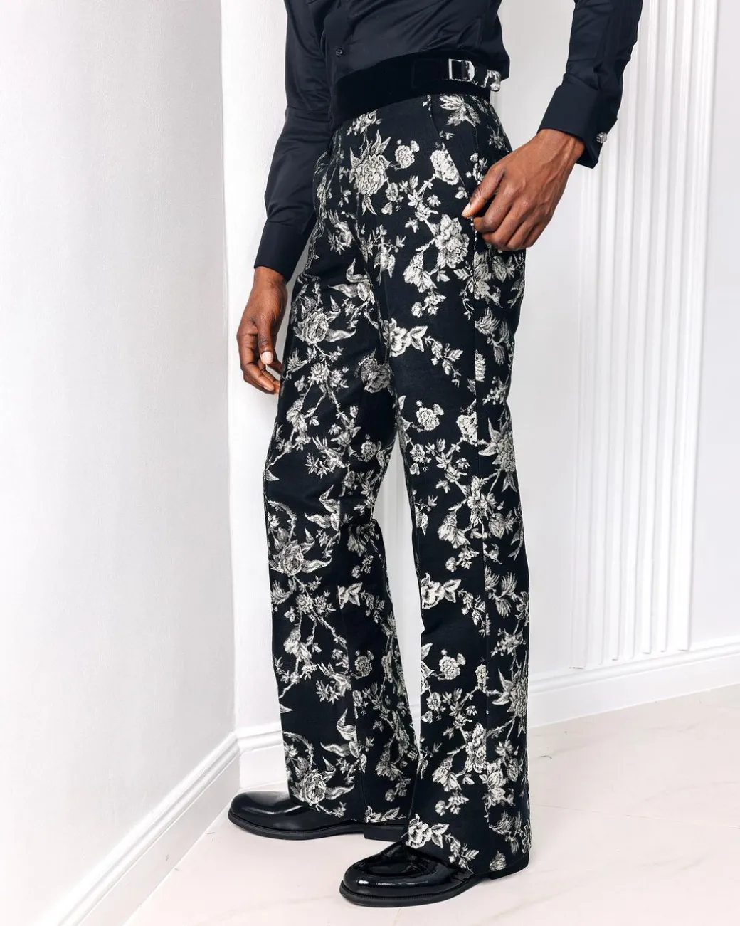 A trumpet cut, floral jacquard, high waist, Gurkha pant with side metal adjuster tuxedo pant