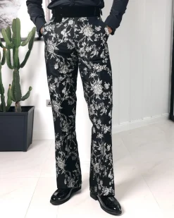 A trumpet cut, floral jacquard, high waist, Gurkha pant with side metal adjuster tuxedo pant