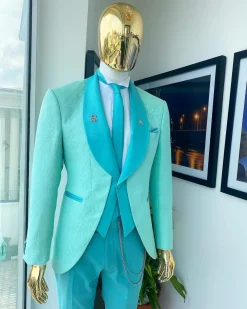 A Turquoise Green Shawl Lapel Floral Jacquard Suit
