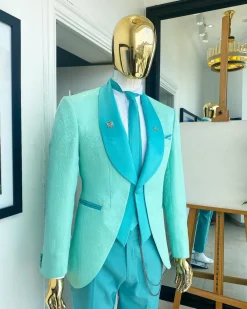 A Turquoise Green Shawl Lapel Floral Jacquard Suit
