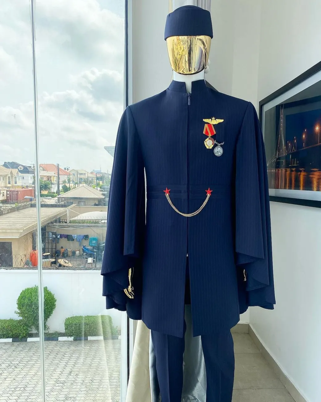 A unisex midnight blue pencil stripe (red)“renaissance” suktan safari traditional wear.