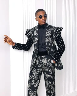 A “Vegas 2”, Floral pattern jacquard, Elevated shoulder and sleeve with Swarovski details peak Lapel tux suit
