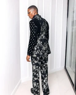 A “Vegas 1”, Floral pattern jacquard, shoulder wrap and sleeve with Swarovski peak Lapel tux suit